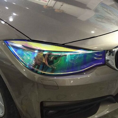 bmw with rainbow headlight wrap