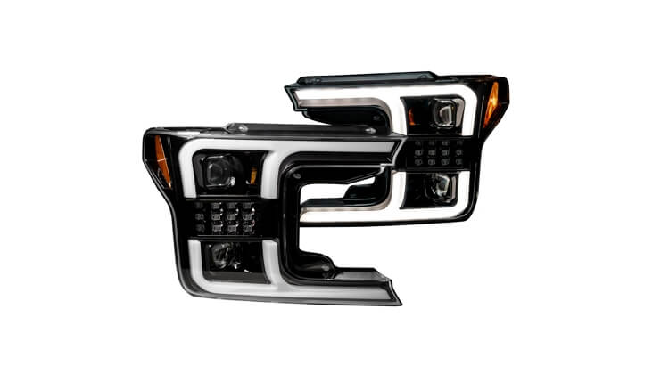 Recon Black Smoke Projector Headlights with Sequential LED Turn Signal, Ford F-150