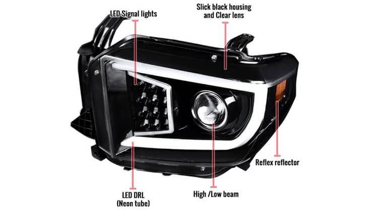 Spec-D Glossy Black Projector Headlights with Sequential LED Turn Signal, Toyota Tundra