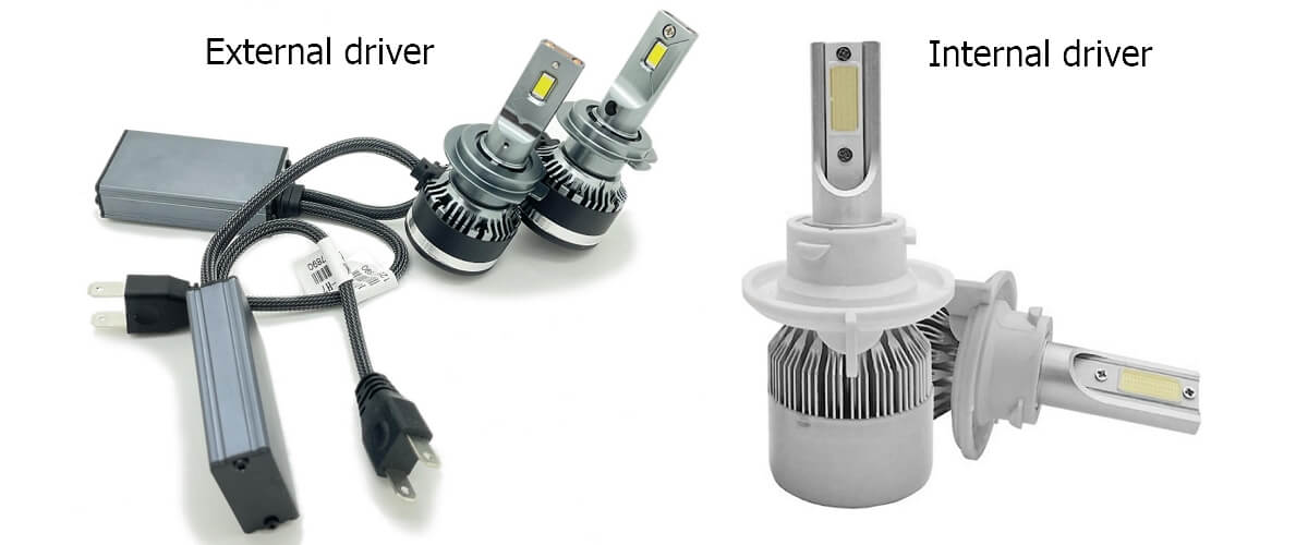 LED car headlight bulbs with external driver vs internal driver for high and low beams, H7 bulb size